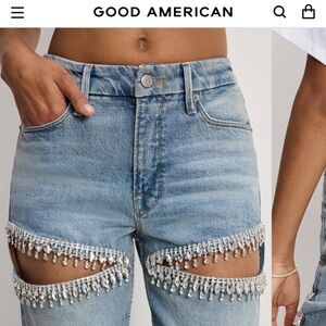 Good American Light Blue Crystal Fringe Jeans